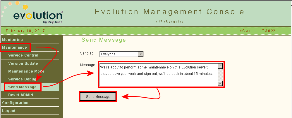 Sending a maintenance message