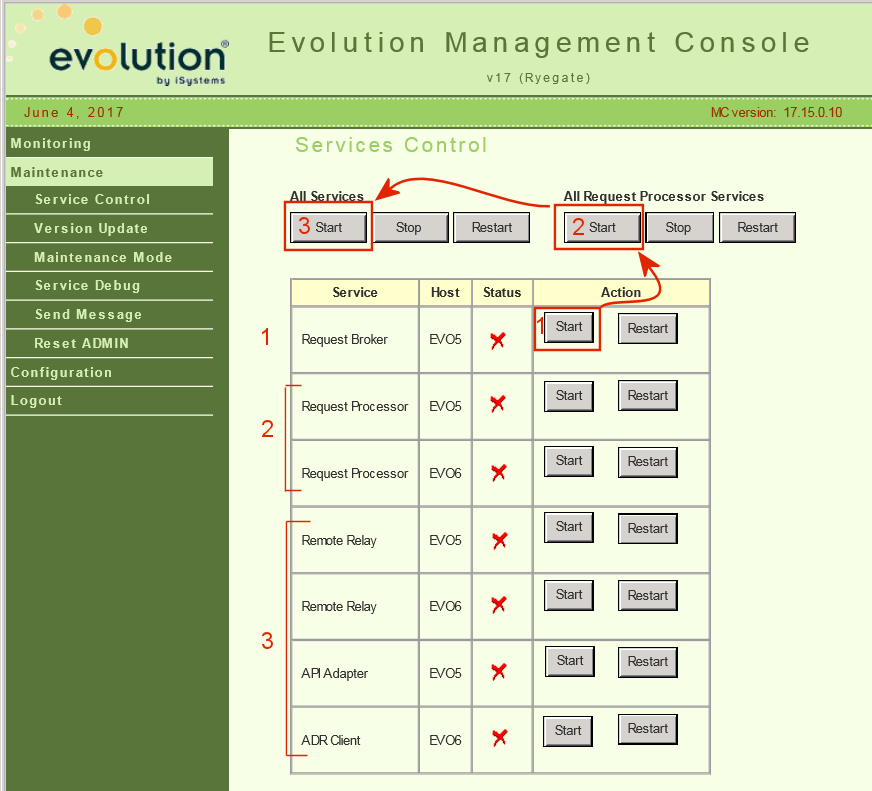 Service start order in the Evo MC