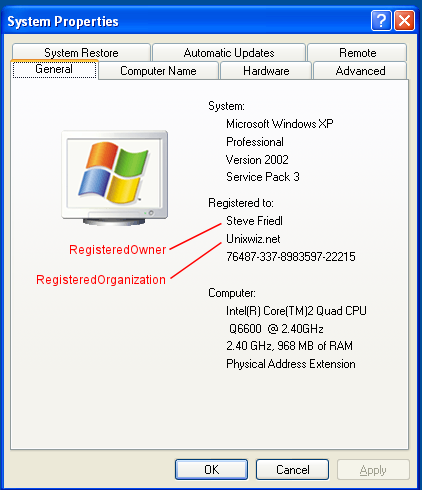 My Computer Properties showing RegisteredOwner and RegisteredOrganization