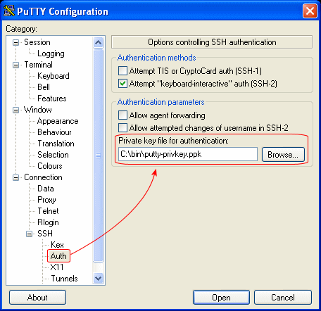 add private key to PuTTY session