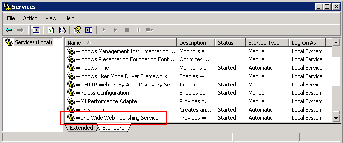 Services applet showing WWW service